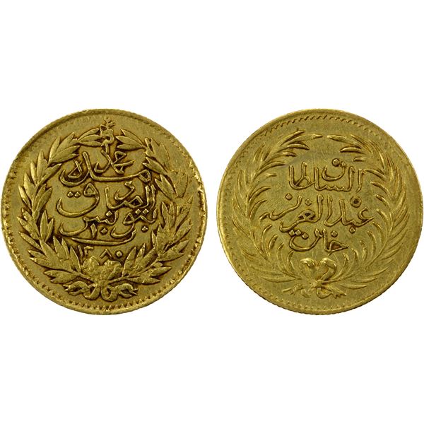TUNIS: Muhammad al-Sadiq Bey, 1859-1882, AV 10 piastres (1.92g), Tunis, AH1280, EF