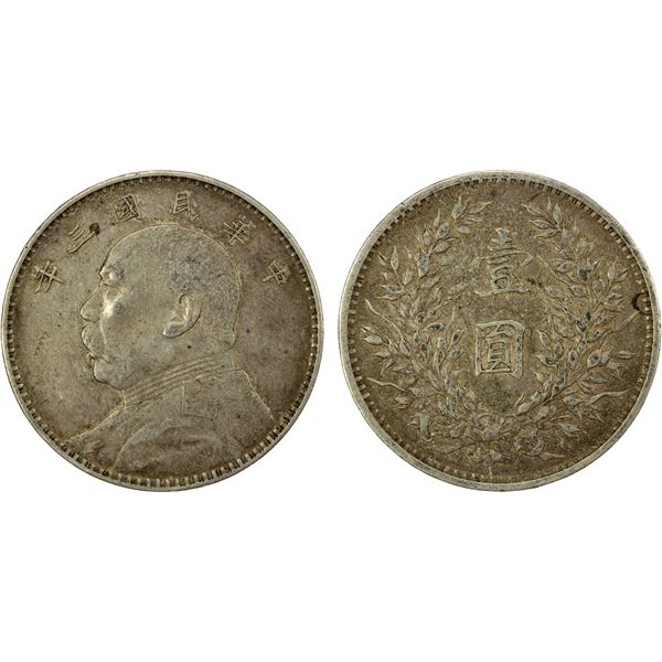 CHINA: Republic, AR dollar, year 3 (1914), EF