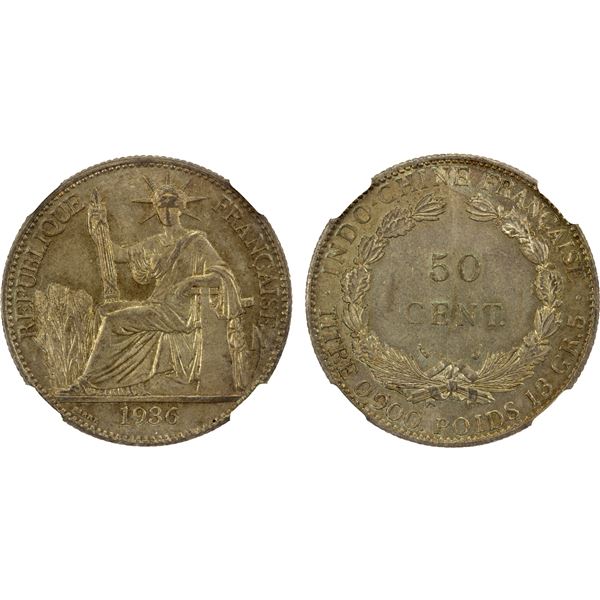 FRENCH INDOCHINA: AR 50 centimes, 1936, NGC MS64
