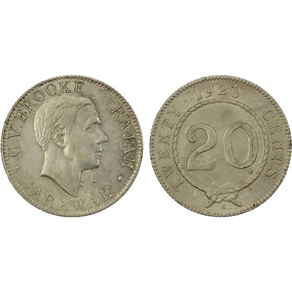 SARAWAK: Charles V. Brooke, 1917-1946, AR 20 cents, 1920-H, Choice AU