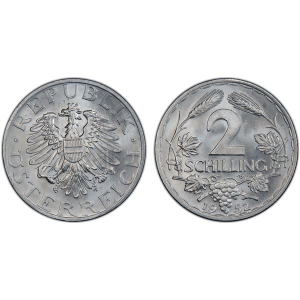 AUSTRIA: Second Republic, 2 schilling, 1952, PCGS MS65