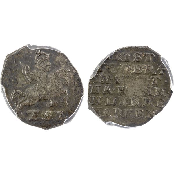 DENMARK: Christian IV, 1588-1648, AR 2 skilling lybsk (1.06g), Glückstadt, ND (1624-30), PCGS AU53