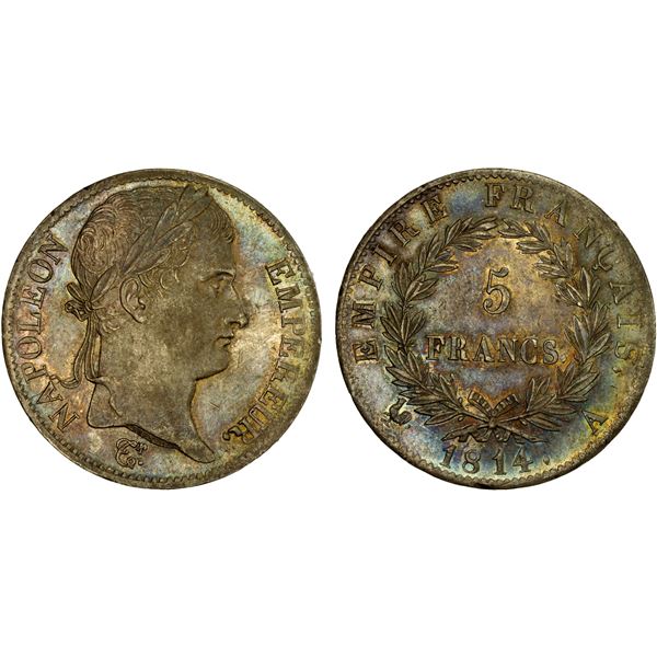 FRANCE: Napoleon I, as Emperor, 1804-1814, AR 5 francs, Paris, 1814-A, AU