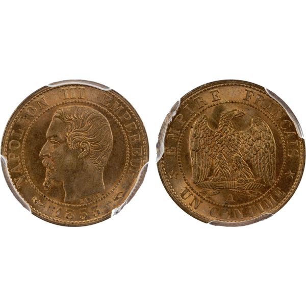 FRANCE: Napoleon III, 1852-1870, AE centime, 1853-A, PCGS MS67 RD