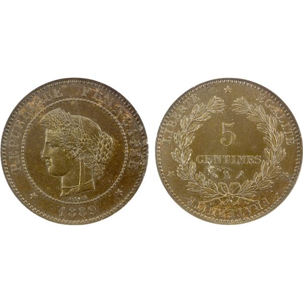 FRANCE: Republic, AE 5 centimes, 1889-A, ANACS Proof 65 BRN