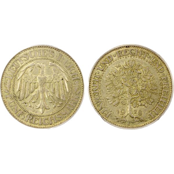 GERMANY: Weimar Republic, AR 5 reichsmark, 1928-F, ICG graded AU58
