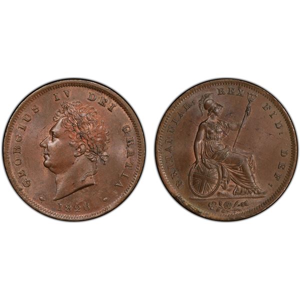 GREAT BRITAIN: George IV, 1820-1830, AE penny, 1826, PCGS UNC details