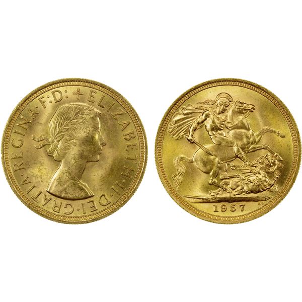 GREAT BRITAIN: Elizabeth II, 1952-2022, AV sovereign, 1957, Choice UNC