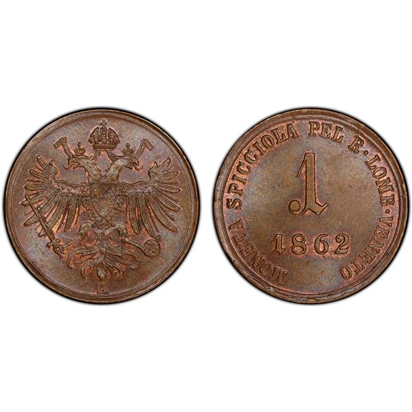 LOMBARDY-VENETIA: Franz Joseph I, 1848-1866, AE soldo, 1862-A, PCGS MS65 BN