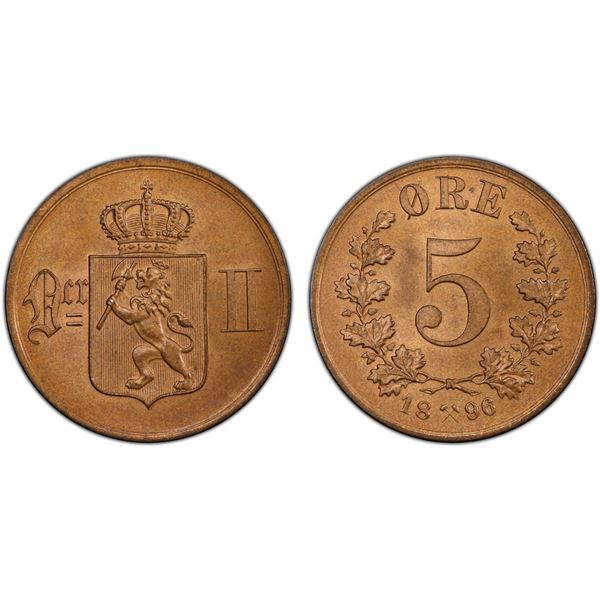 NORWAY: Oscar II, 1872-1905, AE 5 ore, 1896, PCGS MS65 +BN