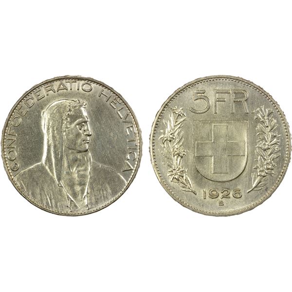 SWITZERLAND: Confederation, AR 5 francs, 1926-B, AU