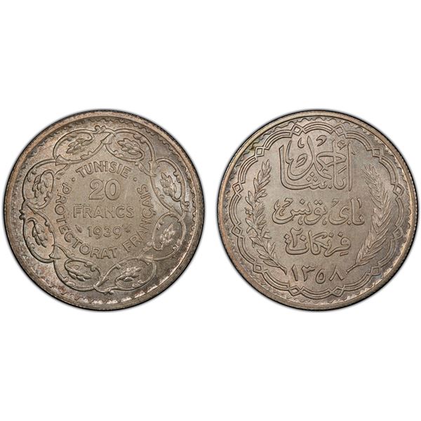 TUNISIA: Ahmad Bey, 1929-1942, AR 20 francs, 1939/AH1358, PCGS MS65