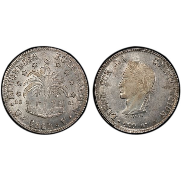 BOLIVIA: Republic, AR 8 soles, 1862, PCGS MS62