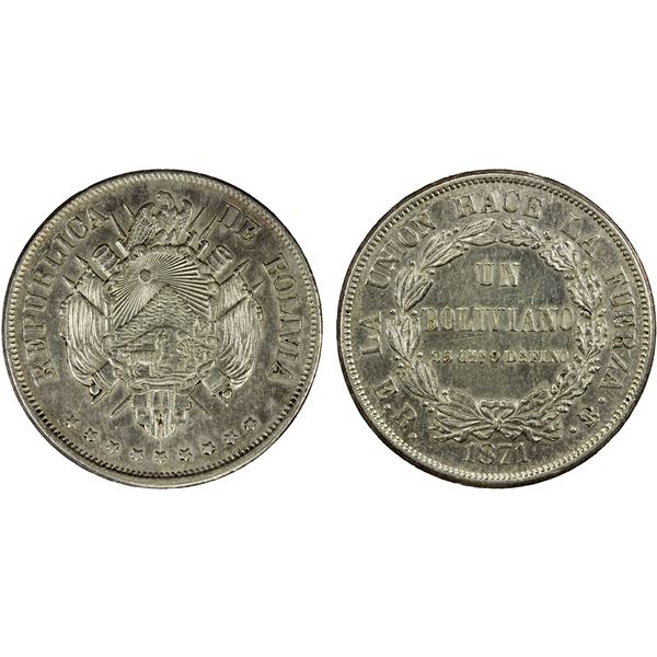 BOLIVIA: Republic, AR boliviano, 1871, Choice EF