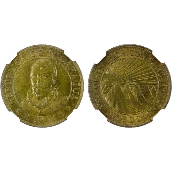 NICARAGUA: Republic, brass 10 centavos, 1943, NGC MS65