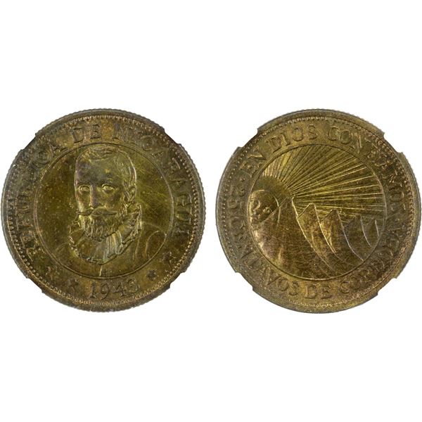 NICARAGUA: Republic, brass 25 centavos, 1943, NGC MS65