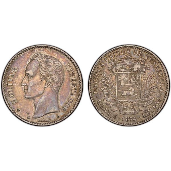 VENEZUELA: Republic, AR 20 centavos, 1874-A, PCGS XF45