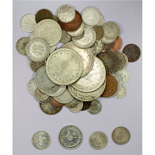 ISLAMIC: TURKEY: Abdul Hamid II, 1876-1909, LOT of 64 silver and 9 base-metal coins