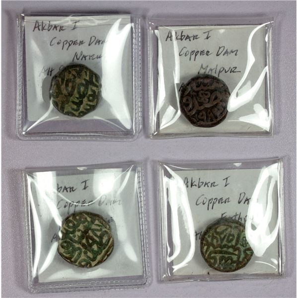 INDIA: MUGHAL: Akbar I, 1556-1605, LOT of 4 copper dams