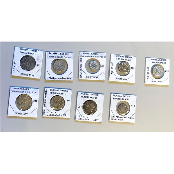 INDIA: MUGHAL: LOT of 7 silver rupees and 2 half rupees
