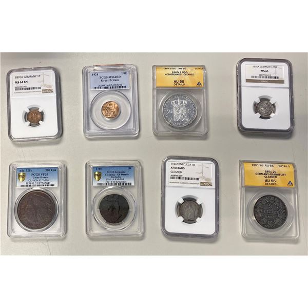 WORLDWIDE: Various, LOT of 8 certified coins