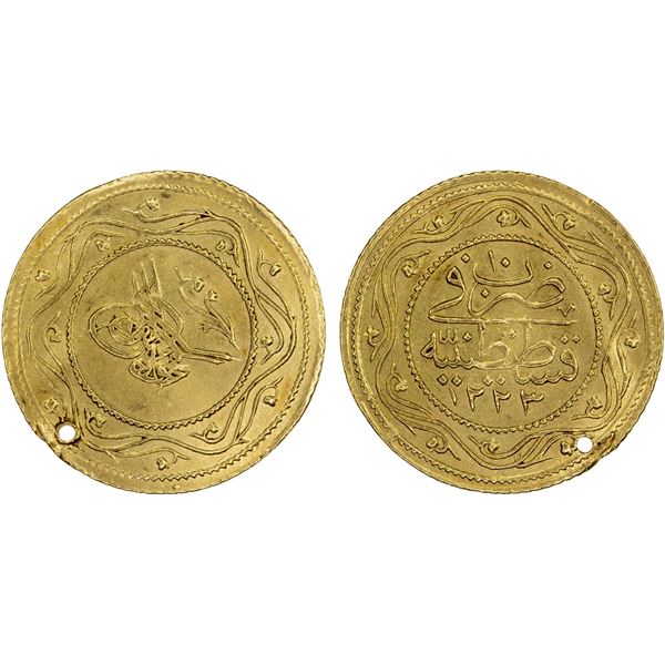 OTTOMAN TURKEY: Mahmud II, 1808-1839, AV 2 rumi altin (4.65g), Kostantiniye, AH1223 year 10, XF