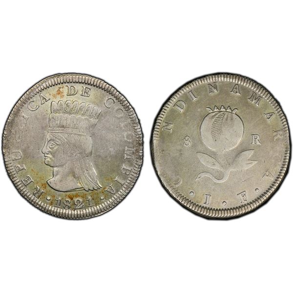 COLOMBIA: Republic, AR 8 reales, Cundinamarca, 1821, PCGS VF35