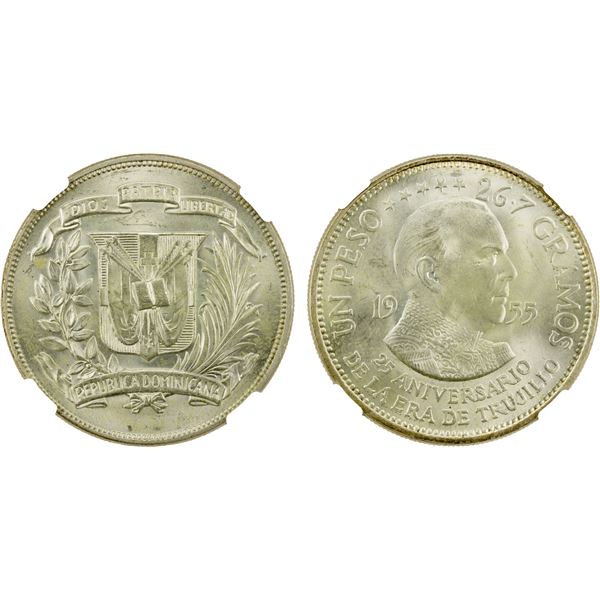 DOMINICAN REPUBLIC: Republic, AR peso, 1955, NGC MS64