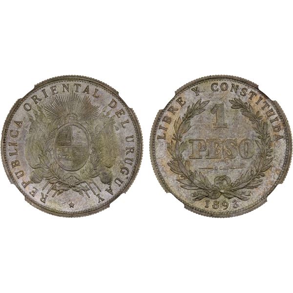URUGUAY: Republic, AR peso, 1893, NGC MS63