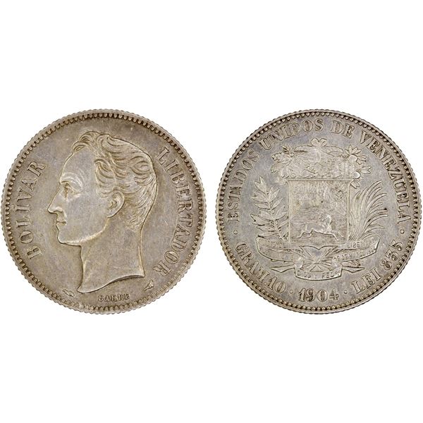 VENEZUELA: Republic, AR 2 bolivares, 1904, XF