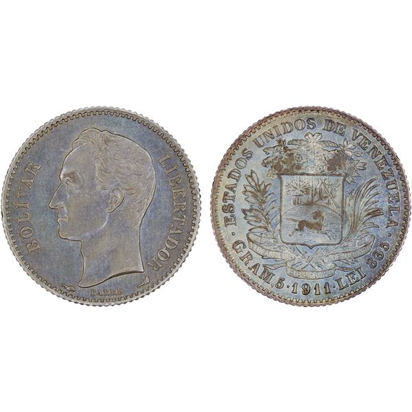 VENEZUELA: Republic, AR bolivar, 1911, Choice AU
