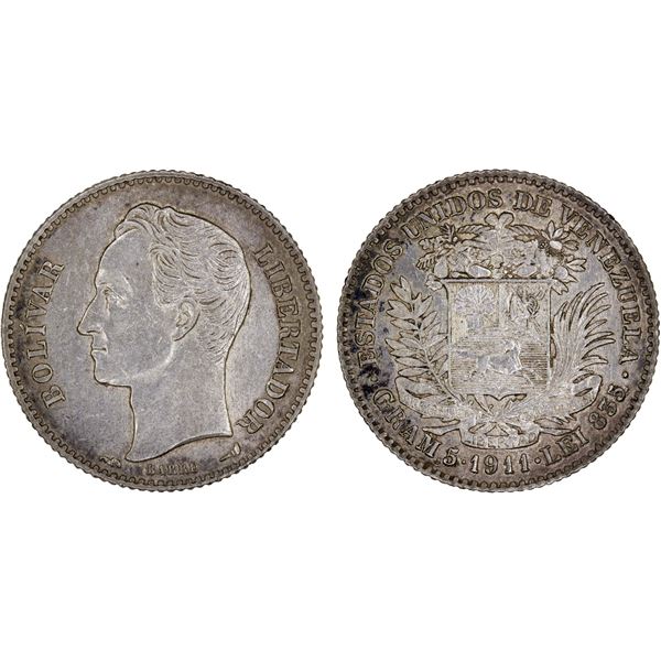 VENEZUELA: Republic, AR bolivar, 1911, XF-AU