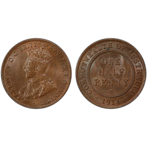AUSTRALIA: George V, 1910-1936, AE 1/2 penny, 1914, PCGS MS65 BN