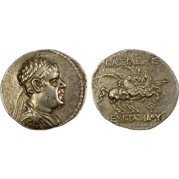 BACTRIA: Eukratides I Megas, ca. 170-145 BC, AR tetradrachm (16.31g), Choice VF