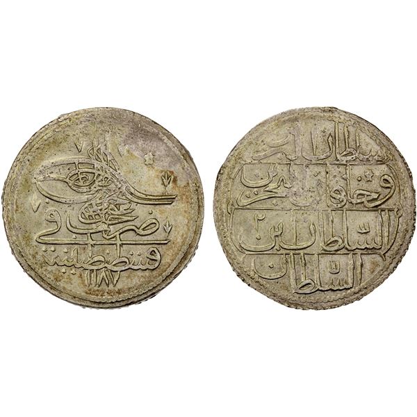 TURKEY: Abdul Hamid I, 1774-1789, BI 20 para (1/2 piastre) (9.89g), AH1187 year 2, AU