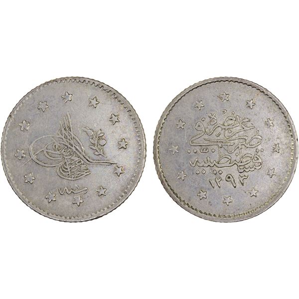 TURKEY: Abdul Hamid II, 1876-1909, AR kurush, AH1293 year 1, VF-XF