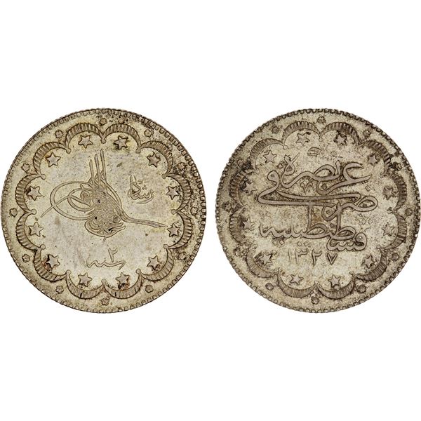 TURKEY: Mehmet V, 1909-1918, AR 10 kurush, AH1327 year 2, XF-AU