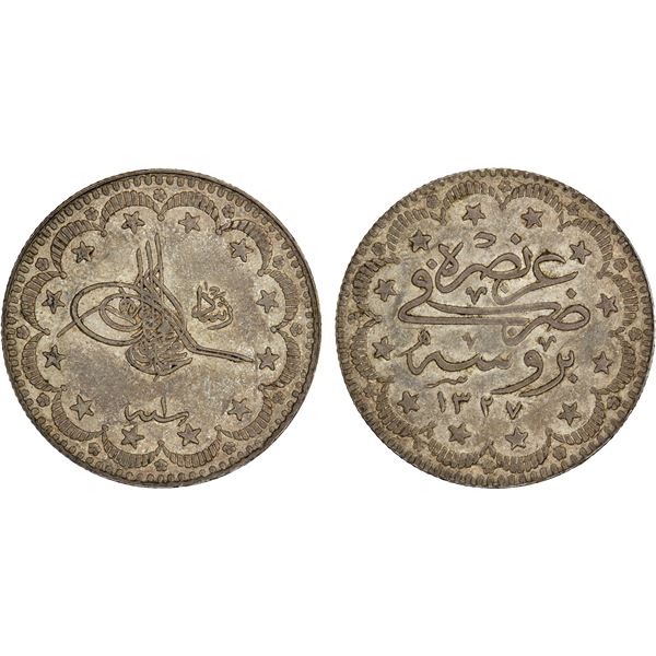 TURKEY: Mehmet V, 1909-1918, AR 5 kurush, Bursa, AH1327 year 1, AU