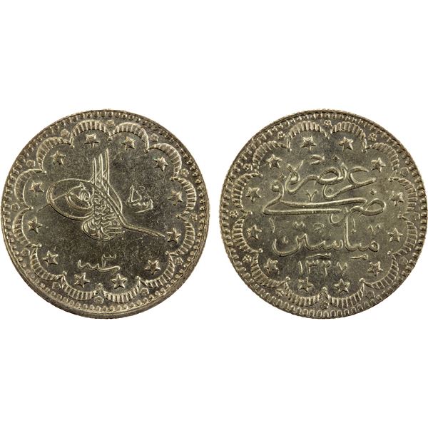 TURKEY: Mehmet V, 1909-1918, AR 5 kurush, Manastir, AH1327 year 3, Choice AU