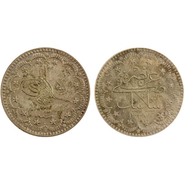 TURKEY: Mehmet V, 1909-1918, AR 5 kurush, Salonika, AH1327 year 3, AU