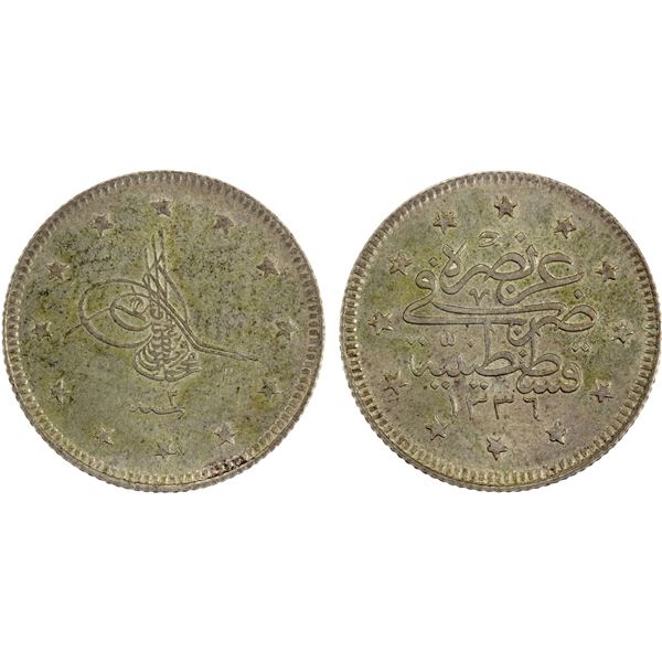 TURKEY: Mehmet VI, 1918-1923, AR 2 kurush, AH1336 year 2, Choice AU