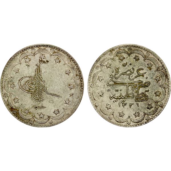 TURKEY: Mehmet VI, 1918-1923, AR 20 kurush, AH1336 year 1, Choice VF