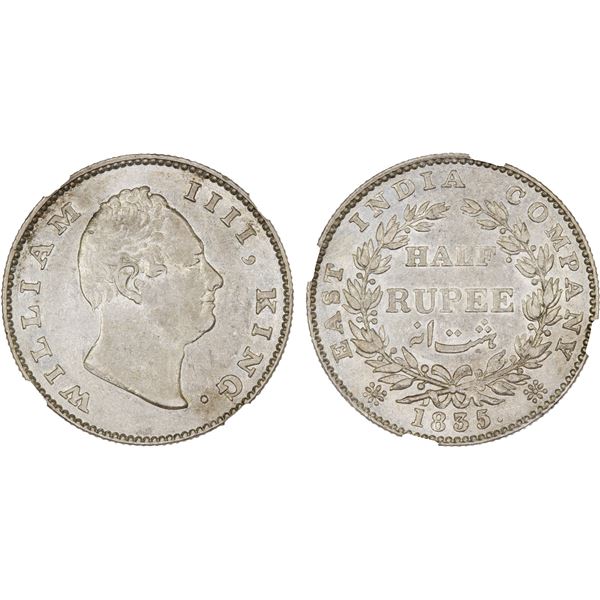 BRITISH INDIA: William IV, 1830-1837, AR 1/2 rupee, 1835(b), NGC AU55
