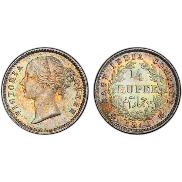 BRITISH INDIA: Victoria, Queen, 1837-1876, AR 1/4 rupee, 1840, PCGS MS65