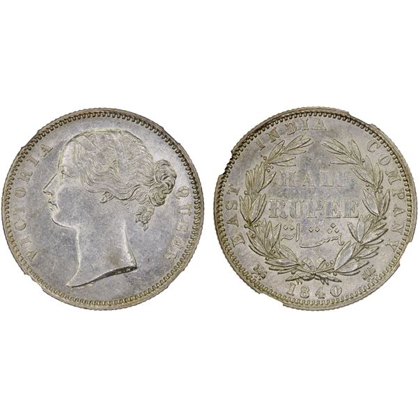 BRITISH INDIA: Victoria, Queen, 1837-1876, AR 1/2 rupee, 1840(b&c), NGC MS62