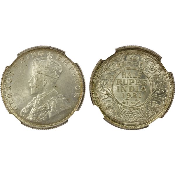 BRITISH INDIA: George V, 1910-1936, AR 1/2 rupee, 1921(c), NGC MS63