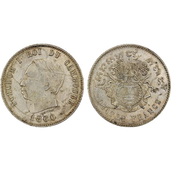 CAMBODIA: Norodom I, 1860-1904, AR 4 francs (15.85g), 1860, XF-AU