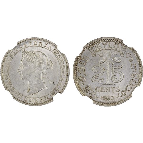 CEYLON: Victoria, 1837-1901, AR 25 cents, 1893, NGC MS63