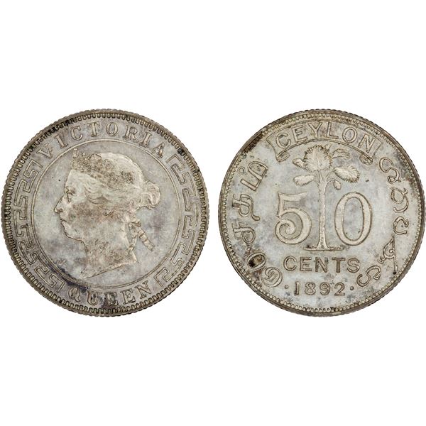 CEYLON: Victoria, 1837-1901, AR 50 cents, 1892, XF-AU