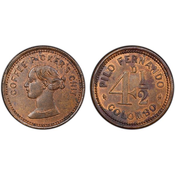 CEYLON: AE 4½ pence token, ND (1869), PCGS MS63 RB